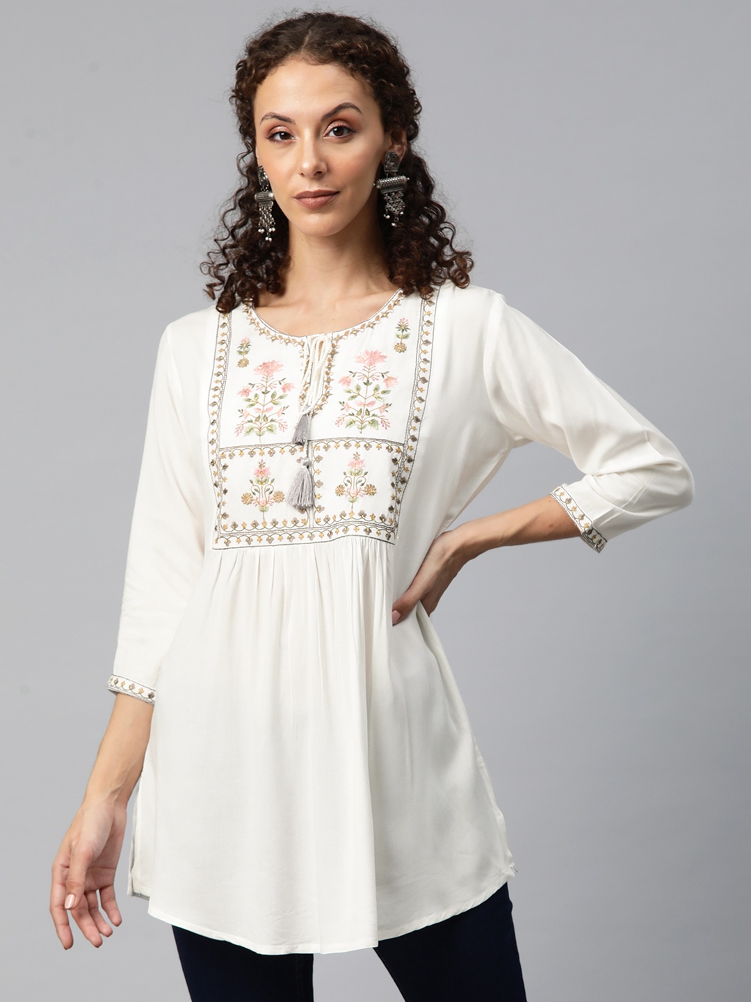 

Readiprint Fashions Floral Embroidered Pleated Kurti, White