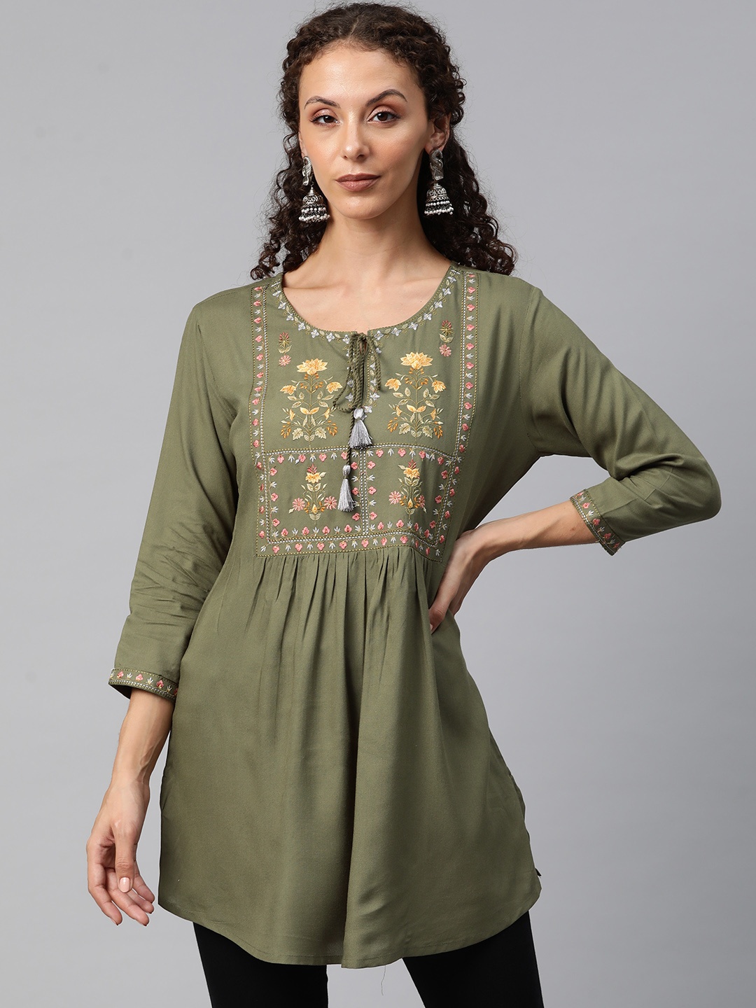 

Readiprint Fashions Floral Embroidered Pleated Kurti, Olive