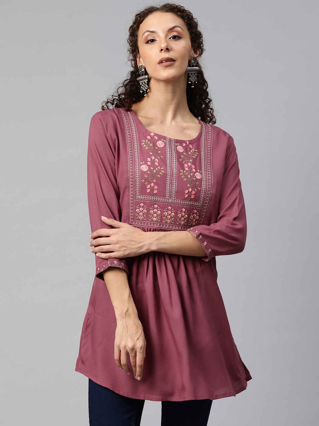 

Readiprint Fashions Floral Embroidered Pleated Kurti, Mauve