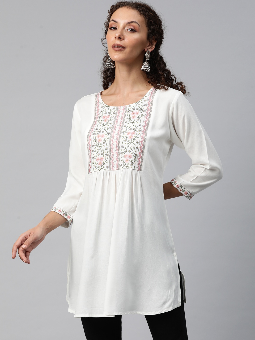 

Readiprint Floral Embroidered Pleated Kurti, White