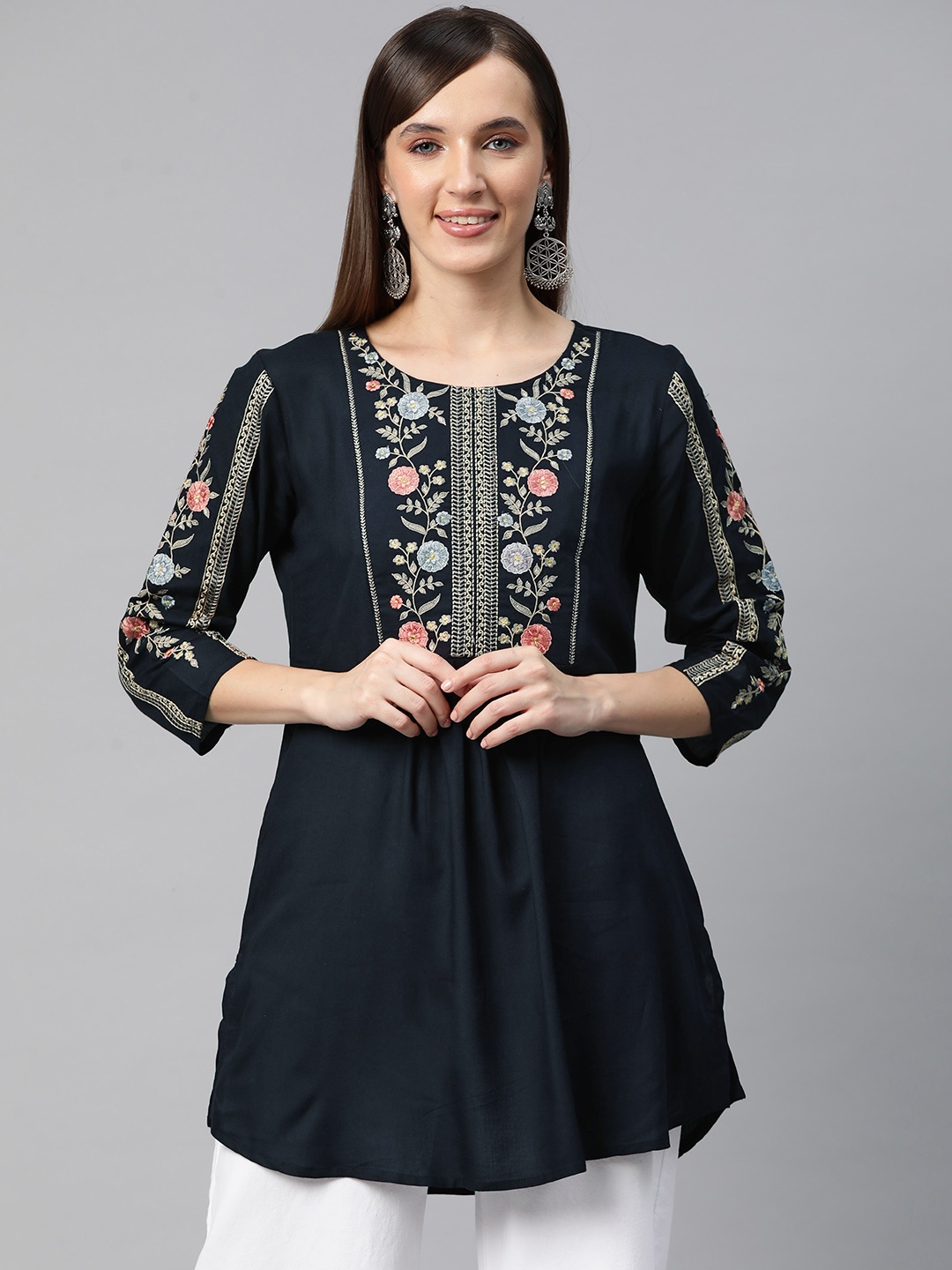 

Readiprint Fashions Floral Embroidered Pleated Kurti, Black