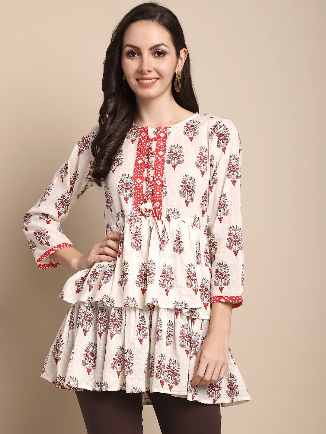 

Sangria Ethnic Printed Round Neck A-Line Kurti, White