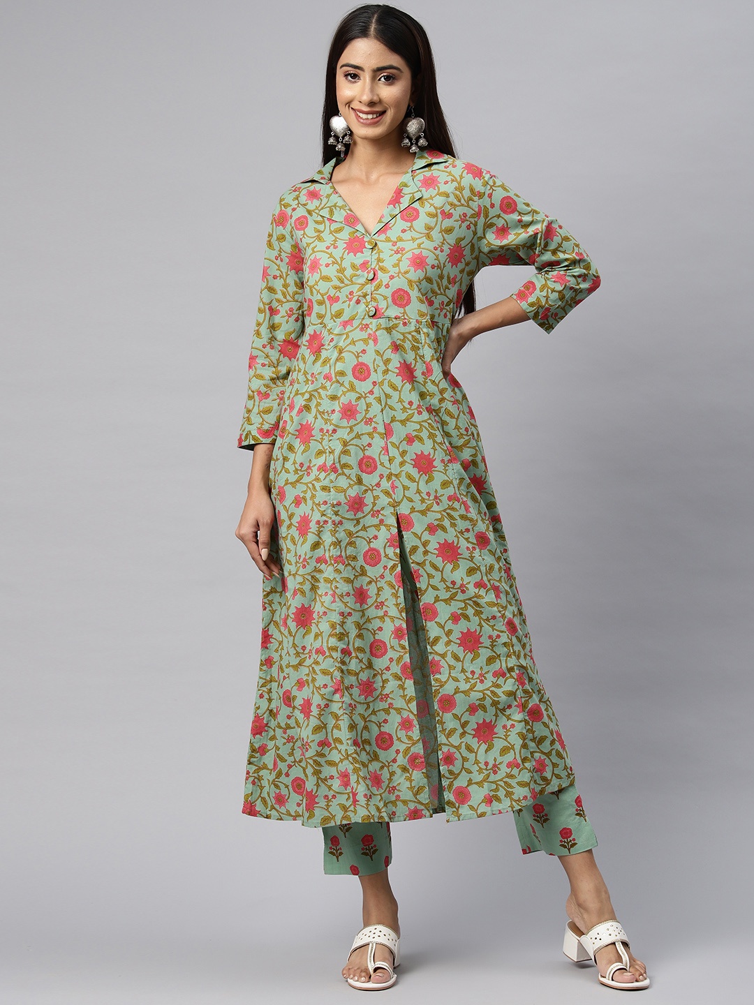 

Readiprint Floral Printed Regular Pure Cotton Kurta with Trousers, Green
