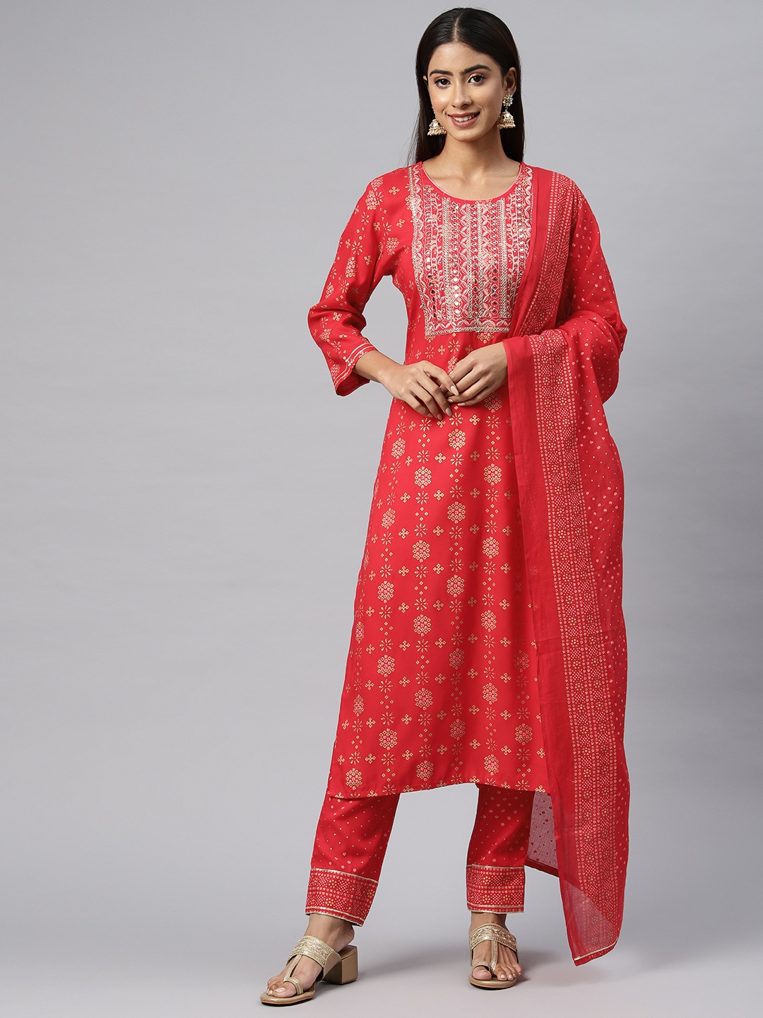 

Readiprint Ethnic Motifs Printed Mirror Work Kurta with Trousers & Dupatta, Red