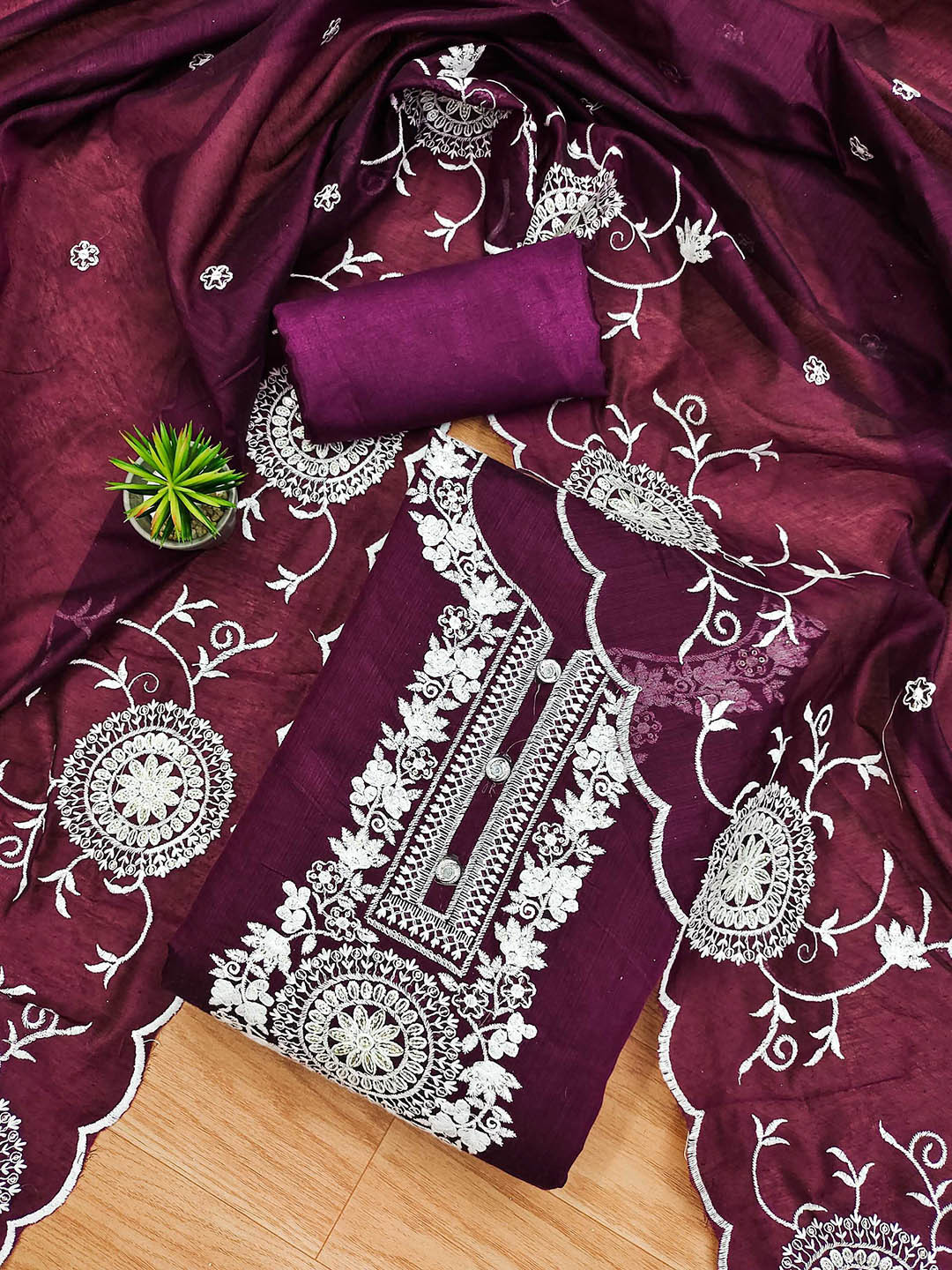 

KALINI Floral Embroidered Art Silk Unstitched Dress Material, Purple