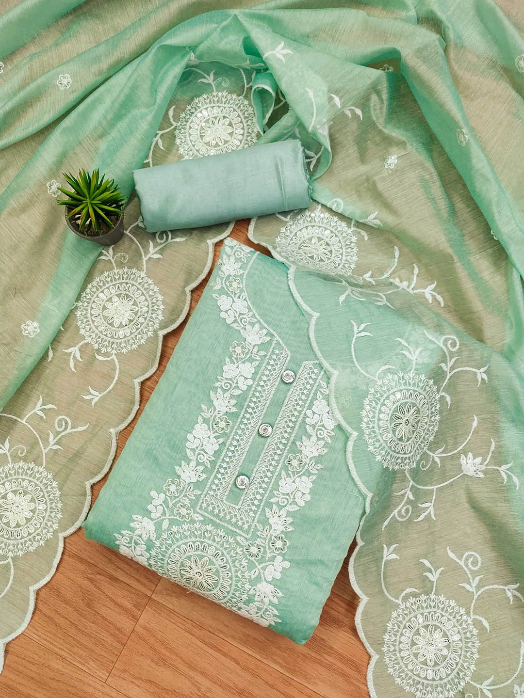 

KALINI Floral Embroidered Art Silk Unstitched Dress Material, Blue