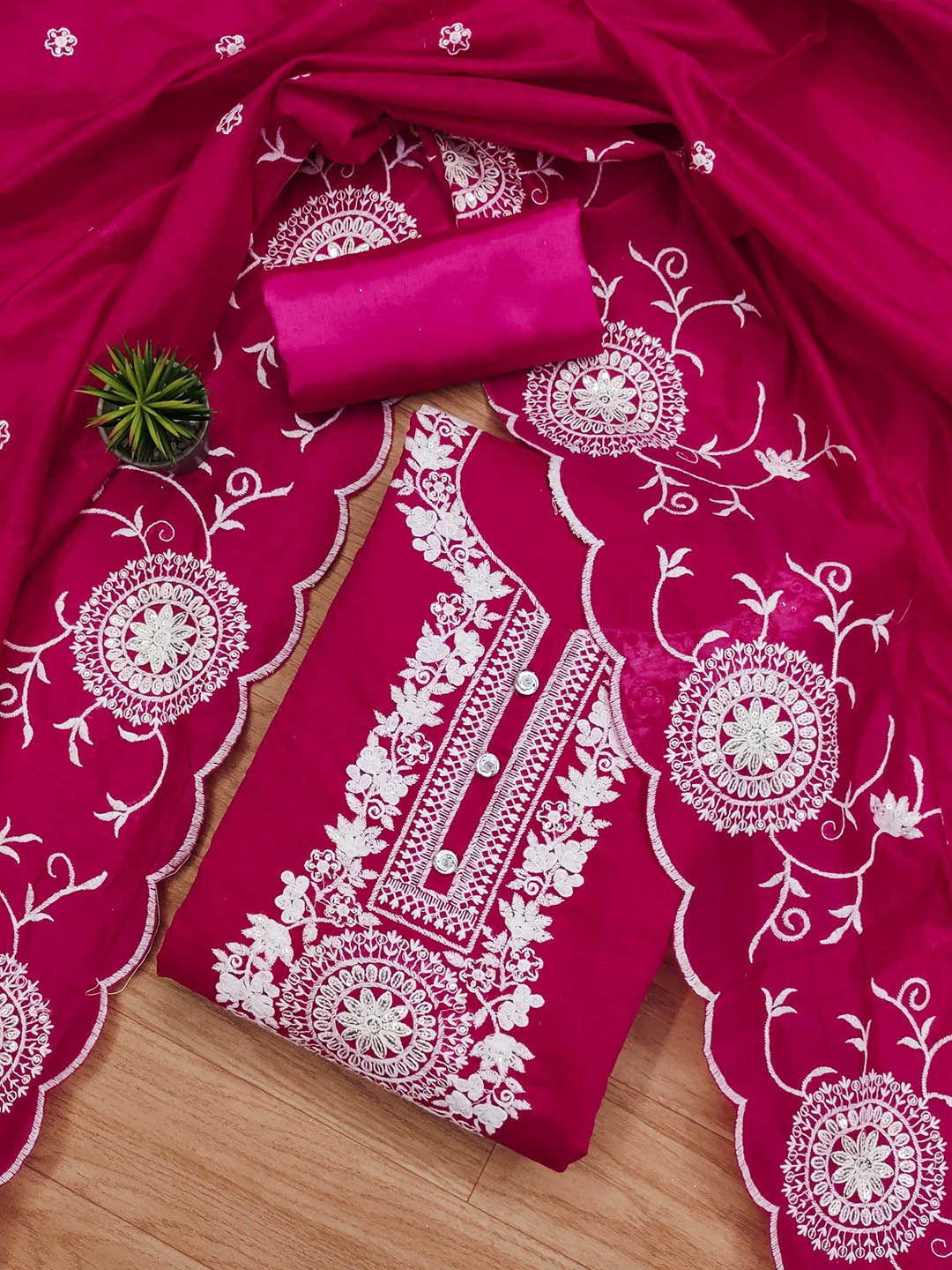 

KALINI Floral Embroidered Art Silk Unstitched Dress Material, Pink