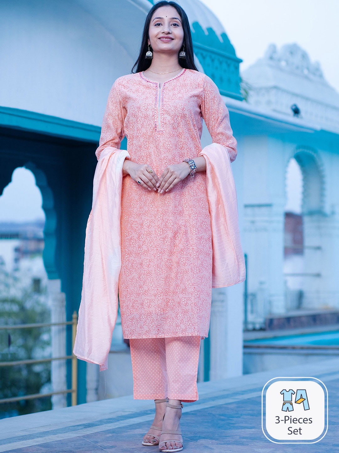 

misbis Floral Printed Mirror Work Straight Kurta & Trousers With Dupatta, Pink
