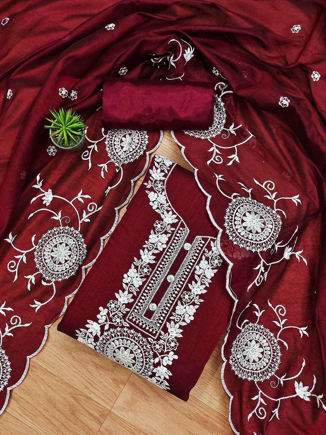 

KALINI Floral Embroidered Art Silk Unstitched Dress Material, Maroon