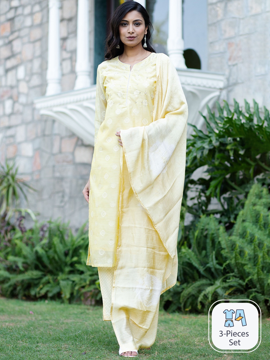 

misbis Printed Sequinned Detail Straight Kurta & Trousers With Dupatta, Yellow