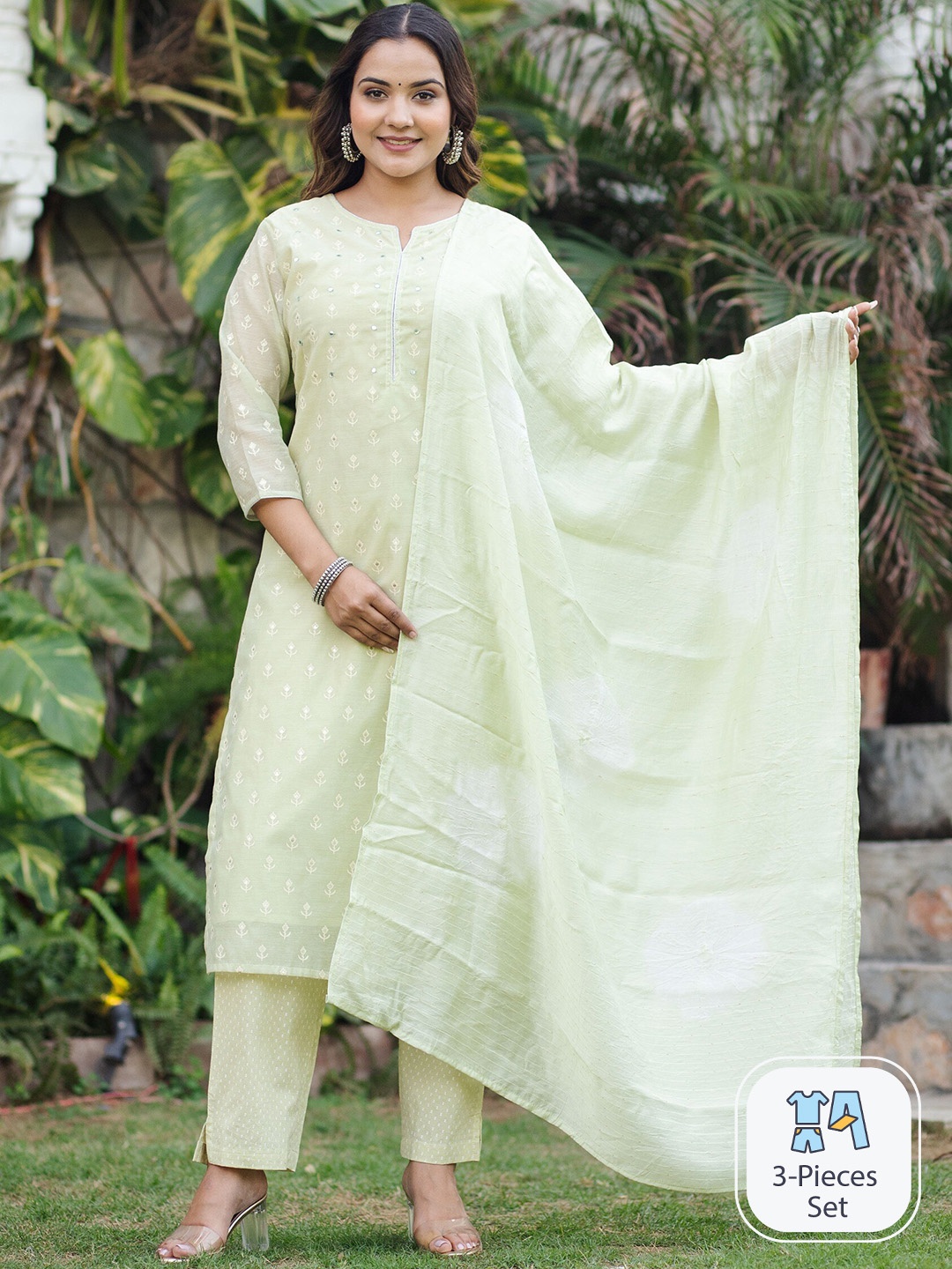 

misbis Ethnic Motifs Printed Chanderi Cotton Kurta & Trousers With Dupatta, Green
