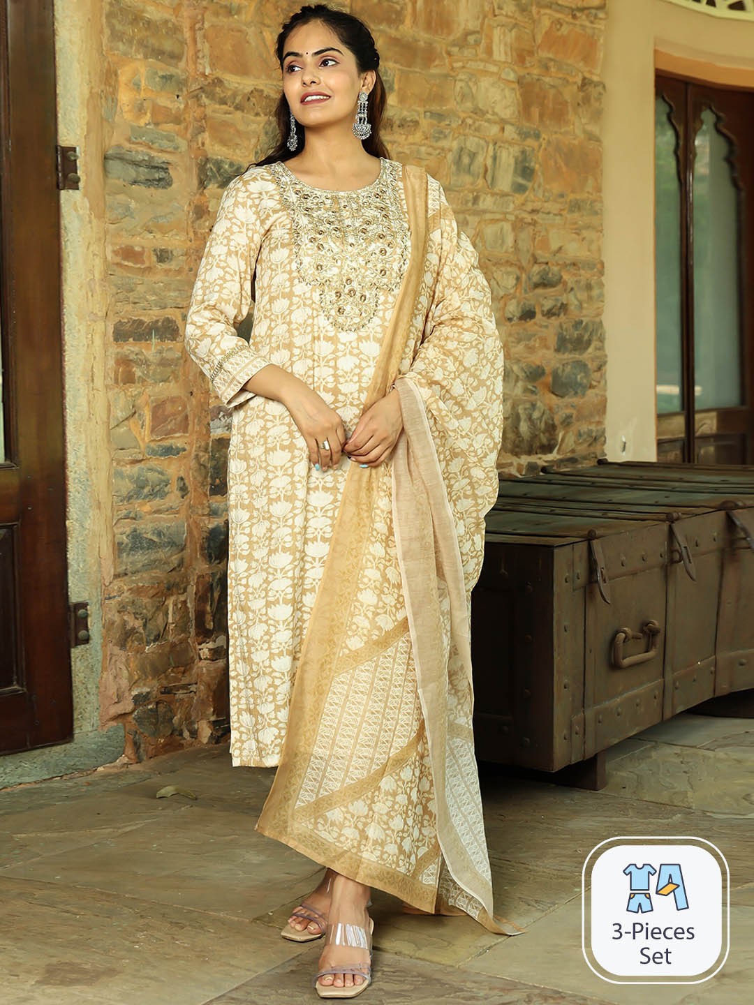 

misbis Floral Printed Thread Work Straight Kurta & Trousers With Dupatta, Beige