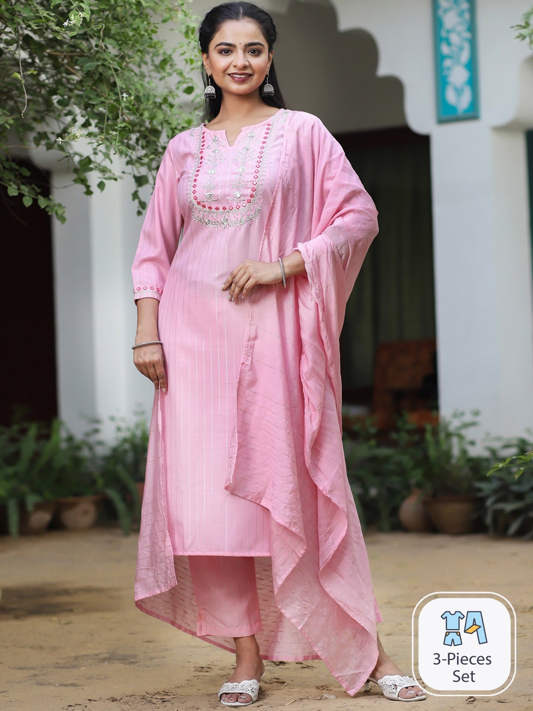

misbis Woven Design Striped Thread Work Detail Straight Kurta & Trousers With Dupatta, Pink