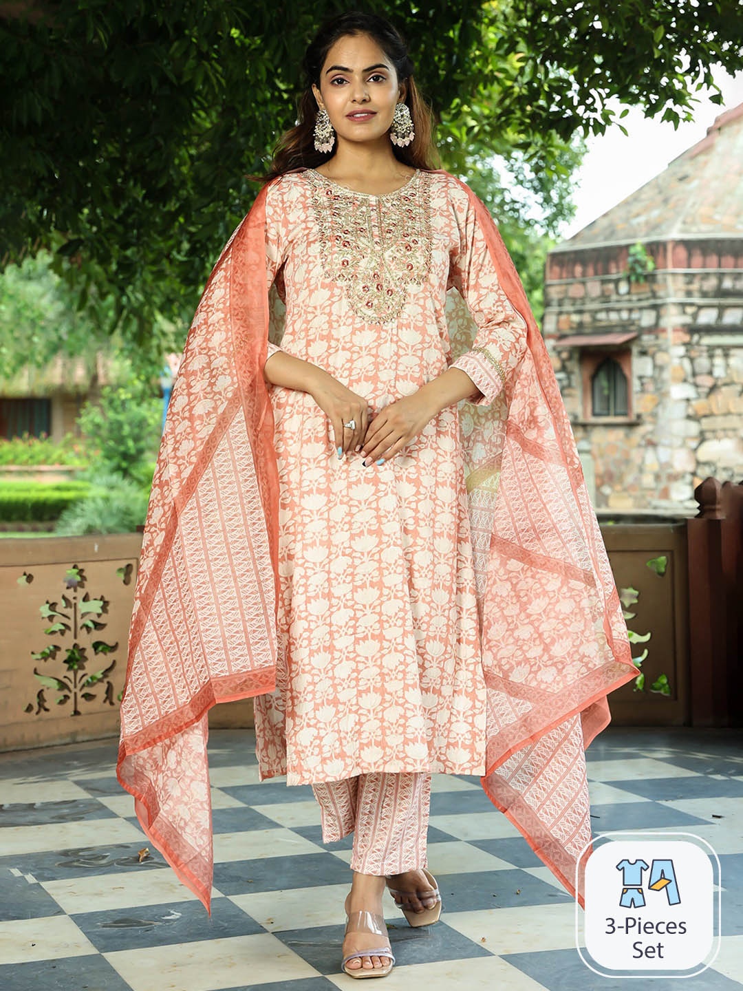 

misbis Floral Printed Thread Work Pure Cotton Kurta & Trousers With Dupatta, Peach