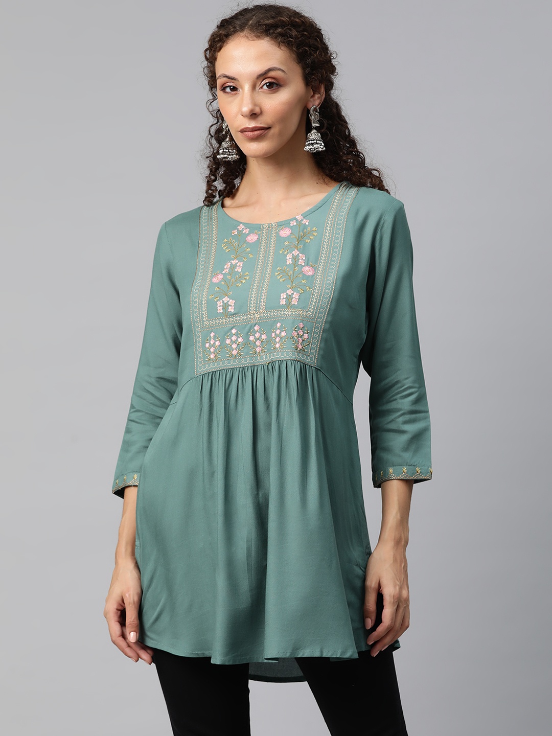 

Readiprint Floral Embroidered Pleated Kurti, Green