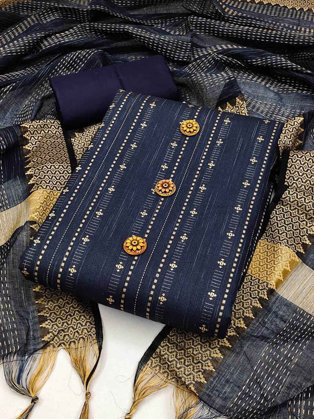 

APNISHA Ethnic Motifs Printed Unstitched Dress Material, Navy blue