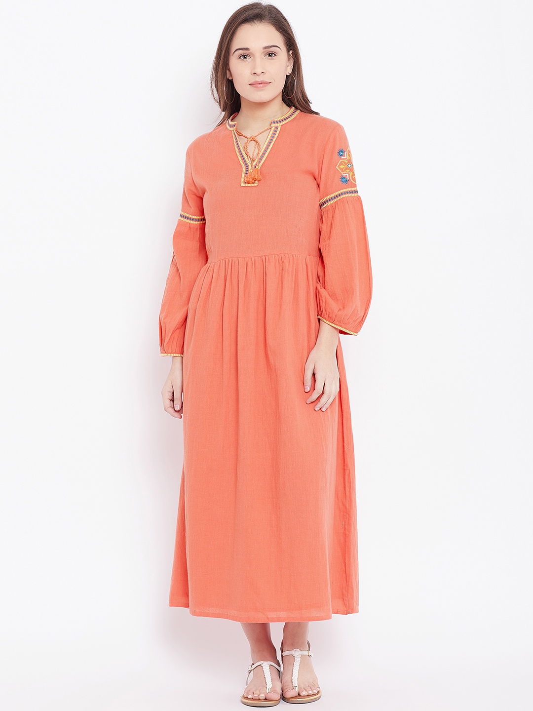

Global Desi Women Coral Red Solid Fit and Flare Dress