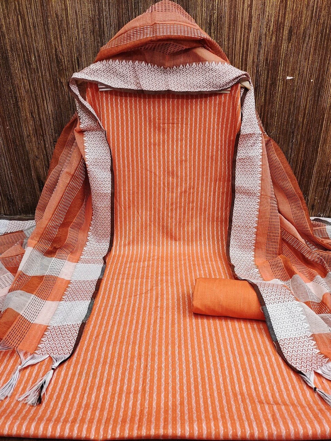 

APNISHA Striped Embroidered Unstitched Dress Material, Orange
