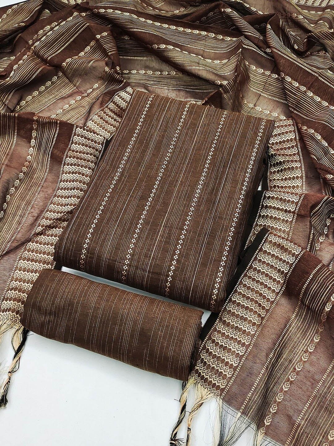 

APNISHA Striped Unstitched Dress Material, Coffee brown