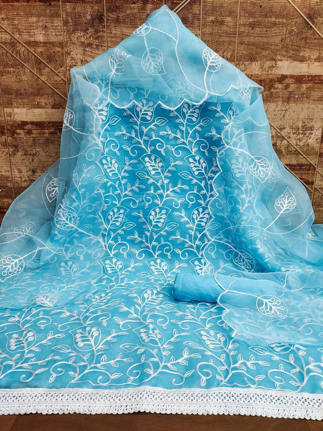 

APNISHA Embroidered Organza Unstitched Dress Material, Turquoise blue