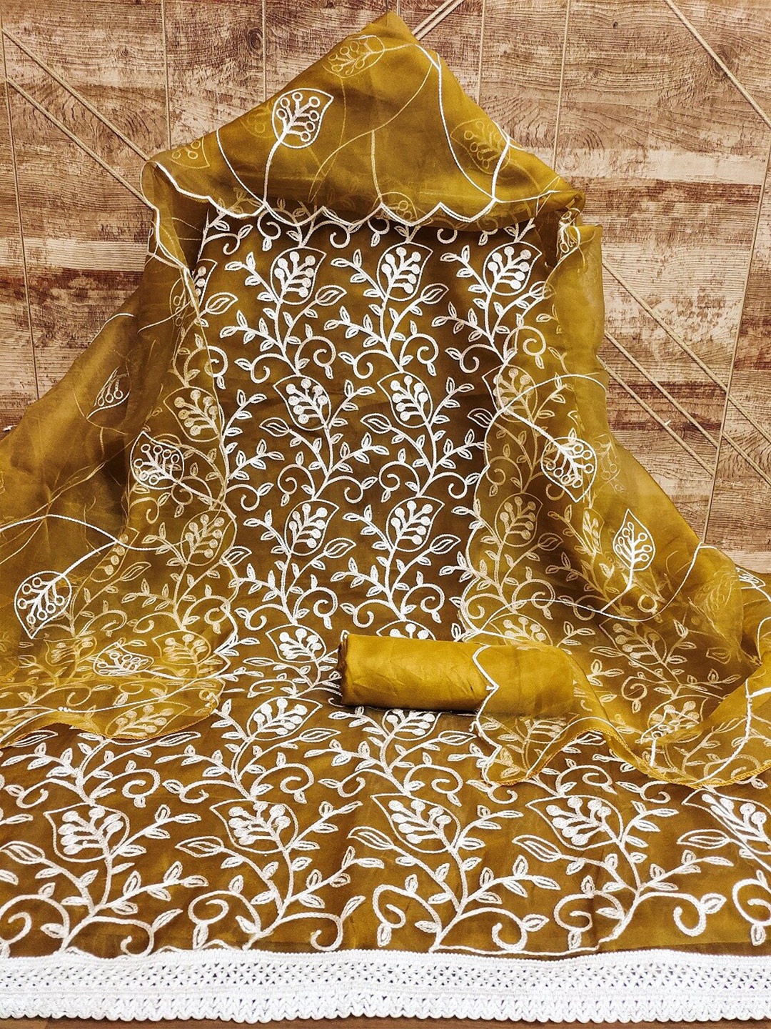 

APNISHA Embroidered Organza Unstitched Dress Material, Mustard