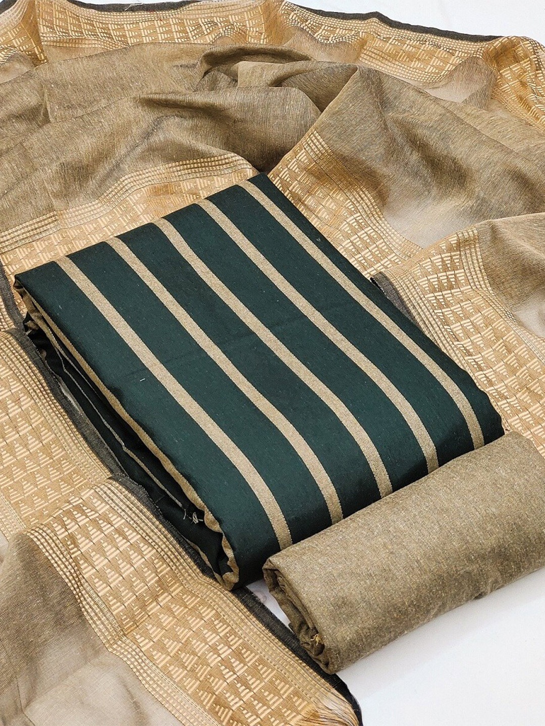 

APNISHA Striped Unstitched Dress Material, Green