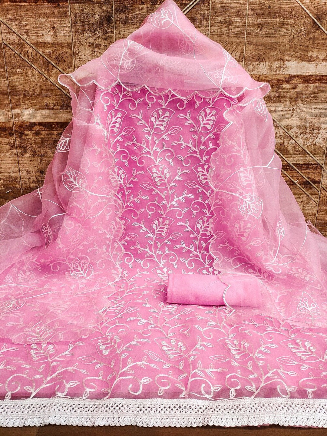 

APNISHA Ethnic Motifs Embroidered Organza Unstitched Dress Material, Rose gold