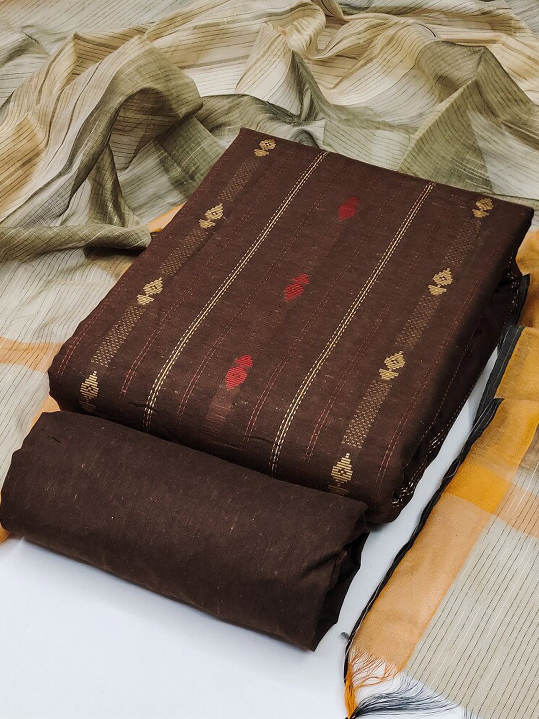 

APNISHA Ethnic Woven Design Unstitched Dress Material, Coffee brown