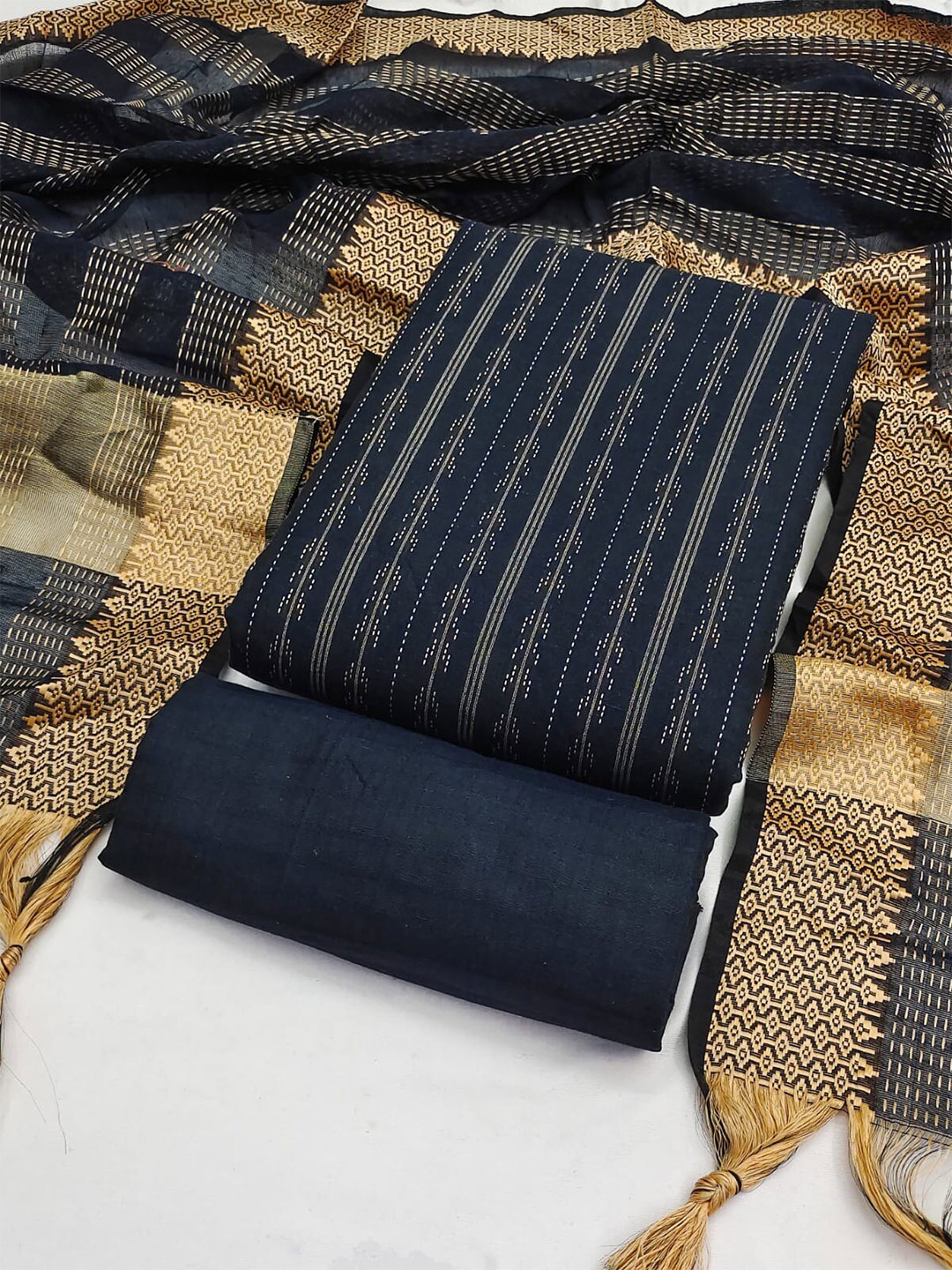 

APNISHA Ethnic Woven Design Unstitched Dress Material, Navy blue