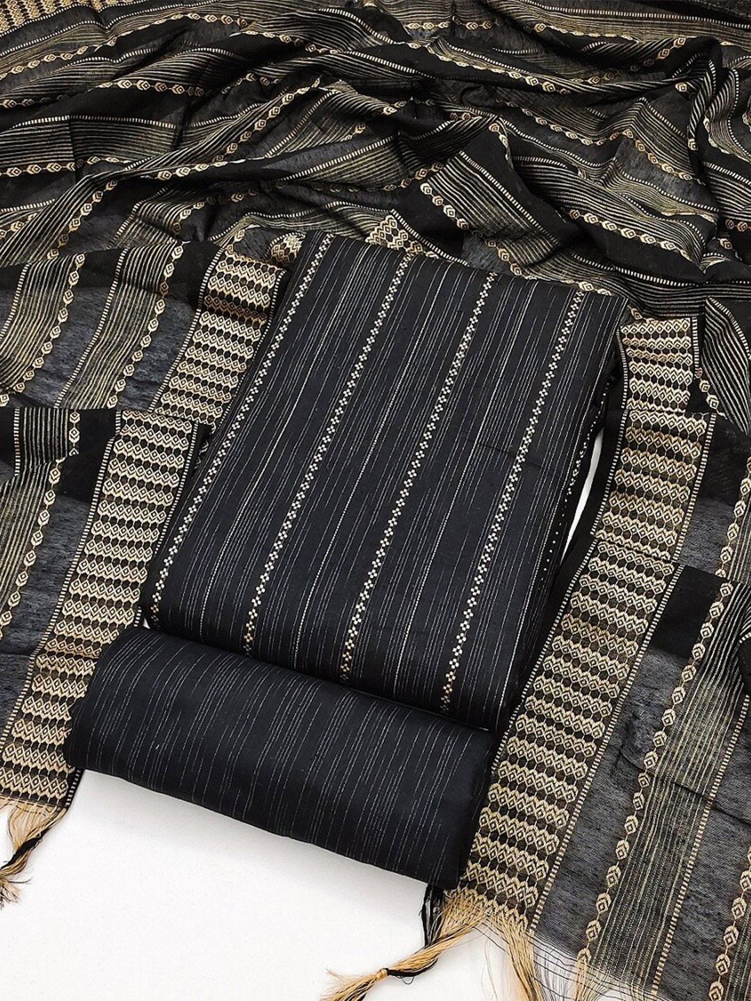 

APNISHA Striped Unstitched Dress Material, Black