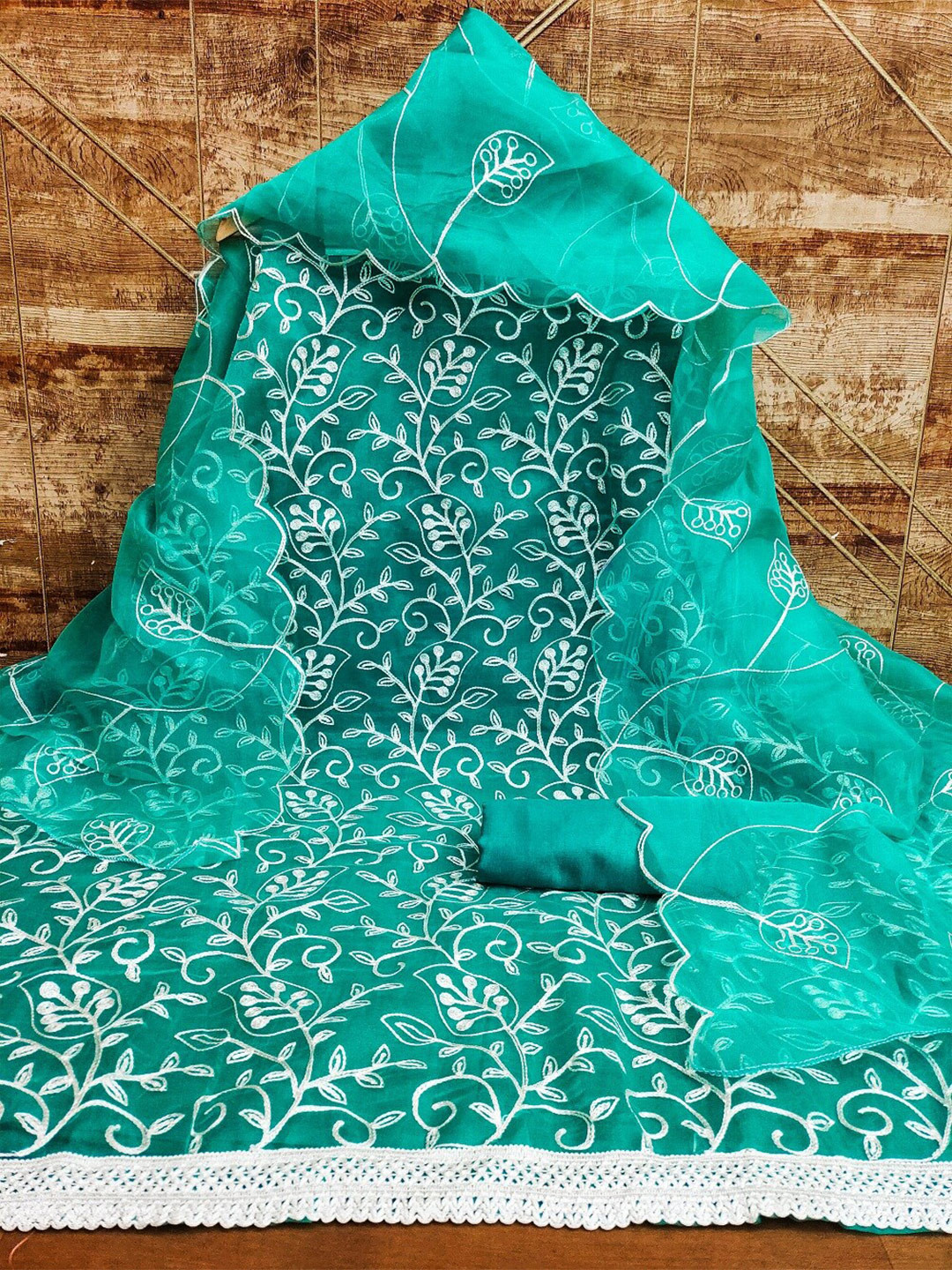 

APNISHA Floral Embroidered Organza Unstitched Dress Material, Green