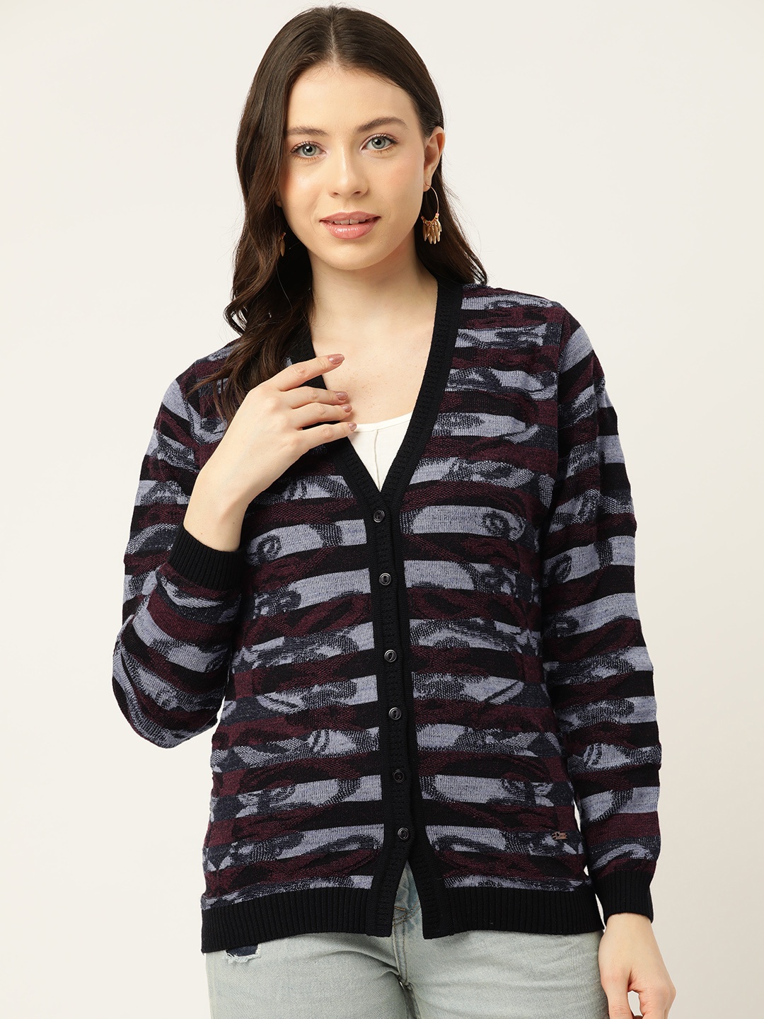 

Monte Carlo Women Striped Cardigan, Black