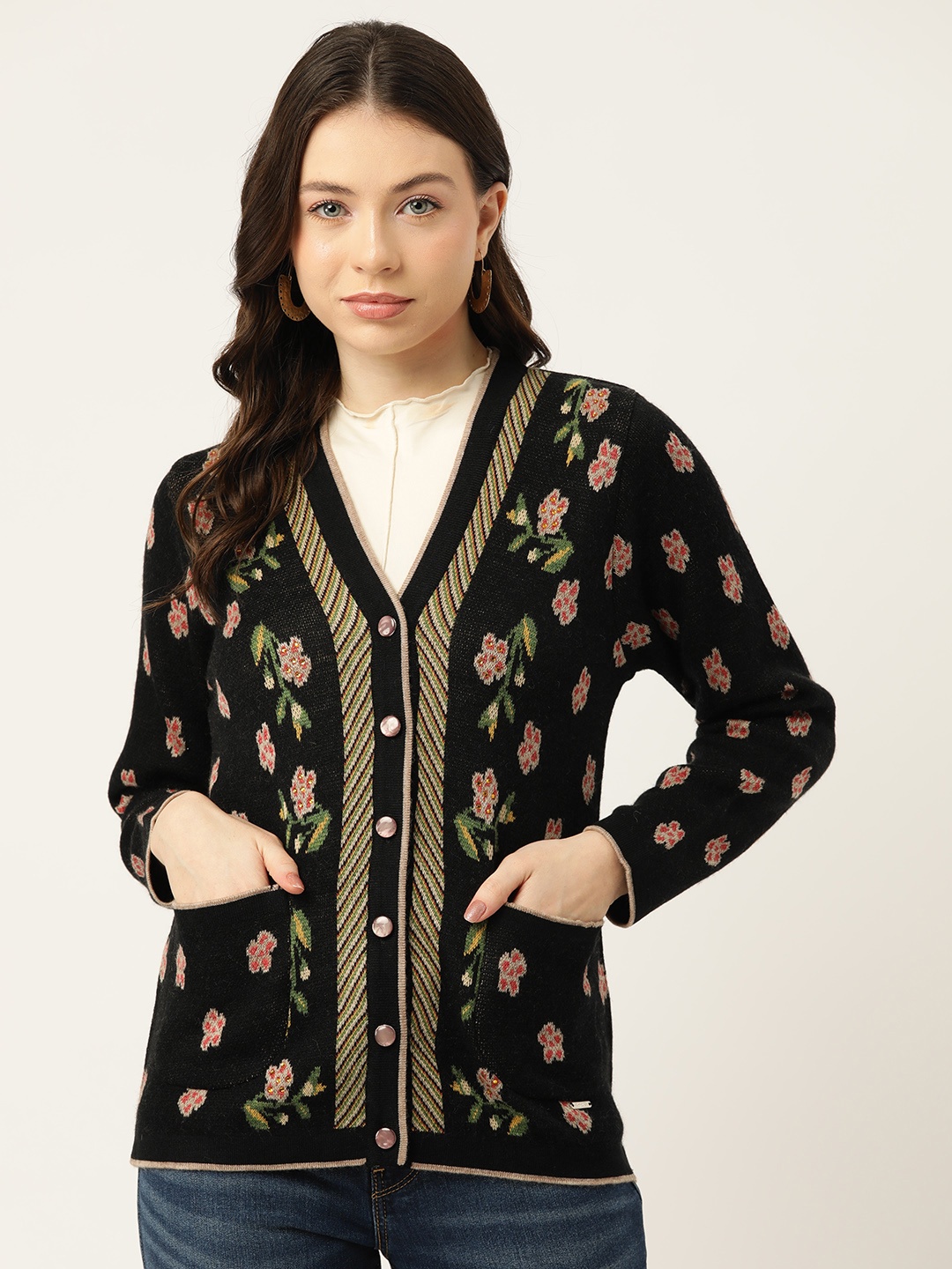 

Monte Carlo Women Floral Woollen Cardigan, Black