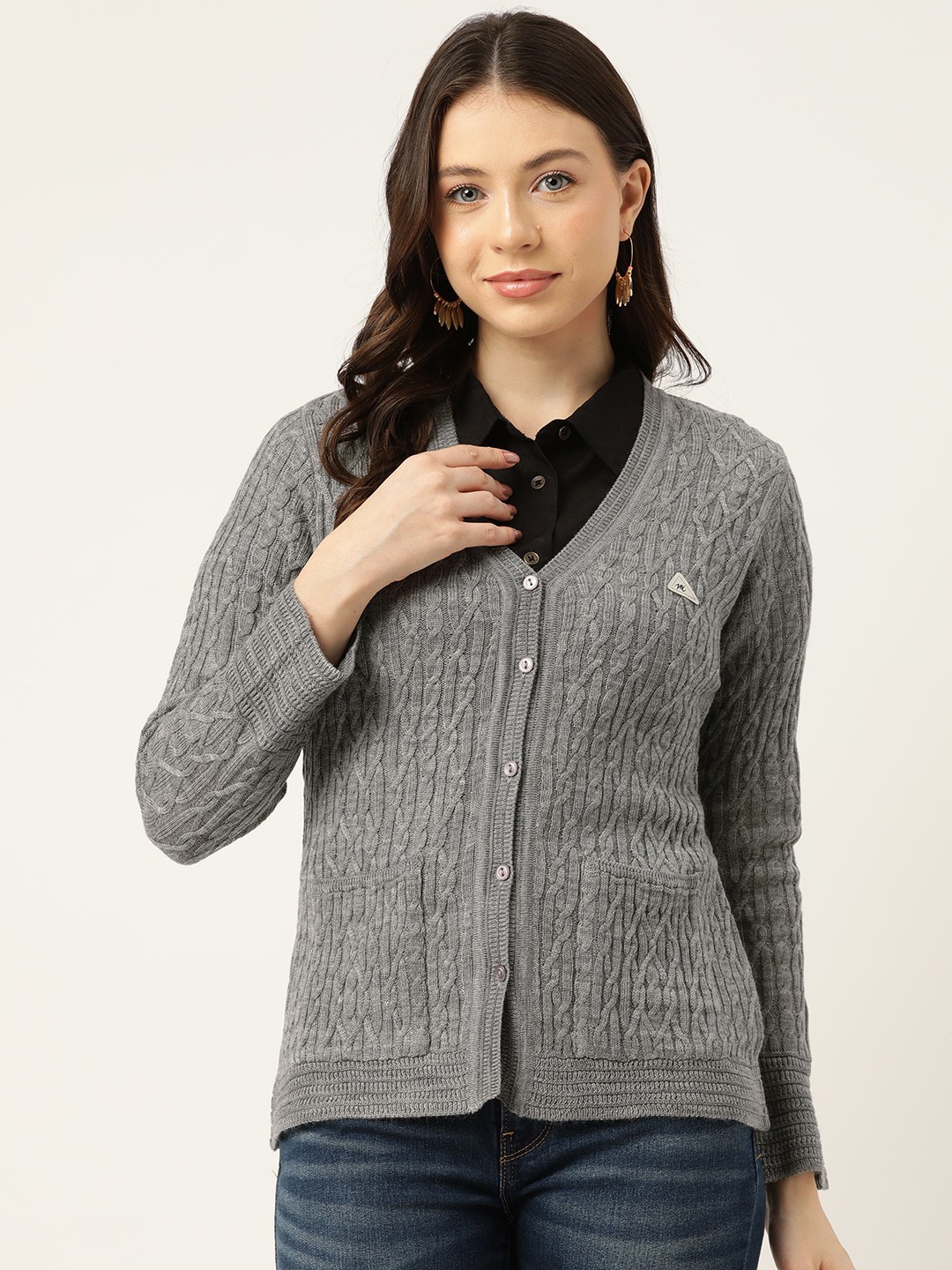 

Monte Carlo Women Cable Knit Woollen Cardigan, Grey