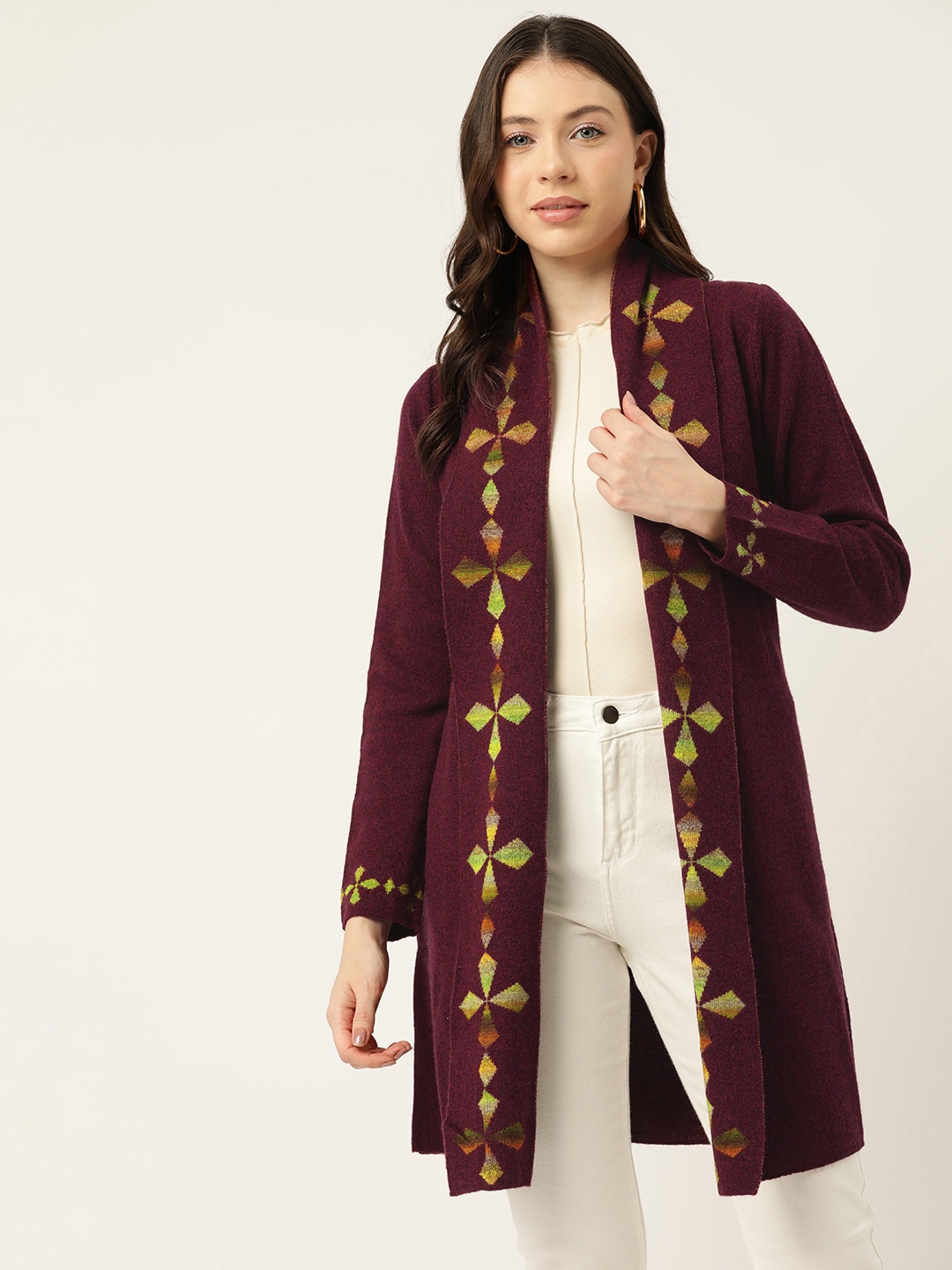 

Monte Carlo Self-Design Detail Open Front Longline Sweater, Maroon