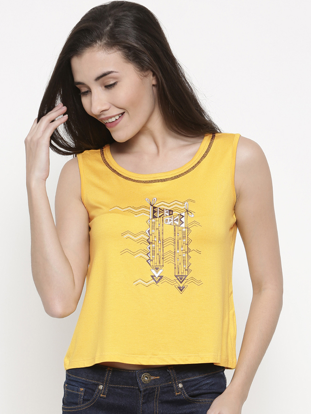 

Global Desi Women Yellow Printed Top