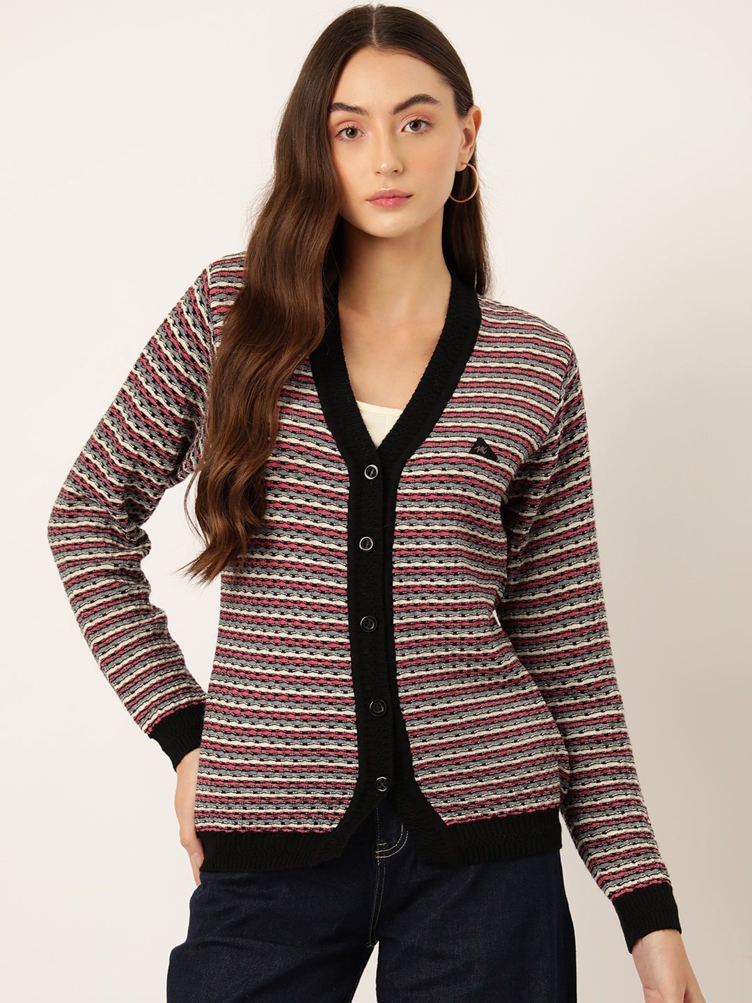 

Monte Carlo Women Striped Woollen Cardigan, Black