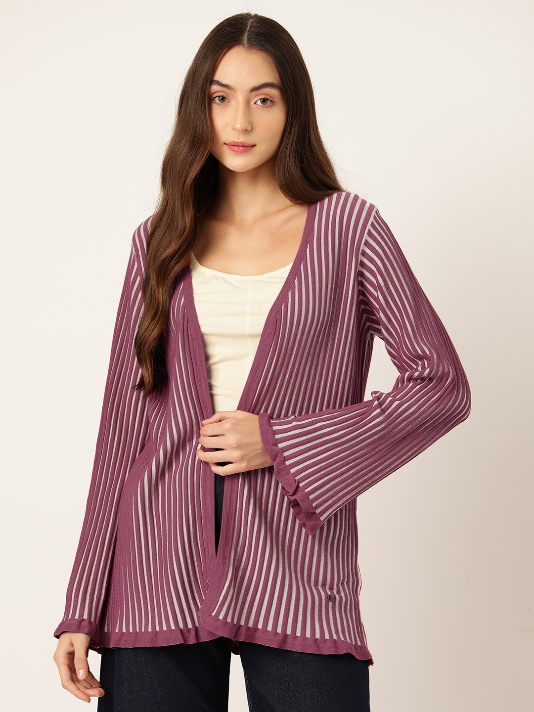 

Monte Carlo Women Striped Front-Open Longline Cardigan, Pink