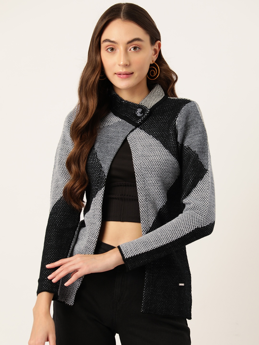 

Monte Carlo Colorblocked Front-Open Woollen Cardigan, Black