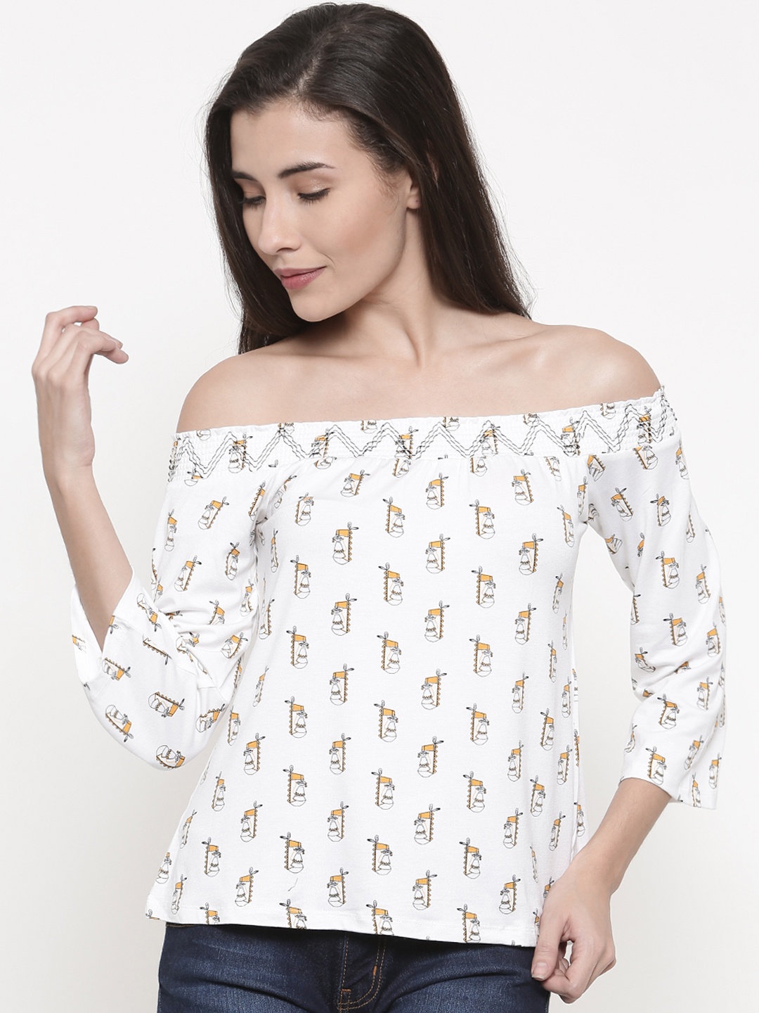 

Global Desi Women White Printed Bardot Top