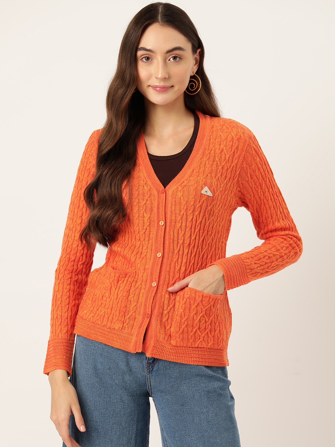 

Monte Carlo Patch Pocket Detailed Cable Knit Cardigan, Orange