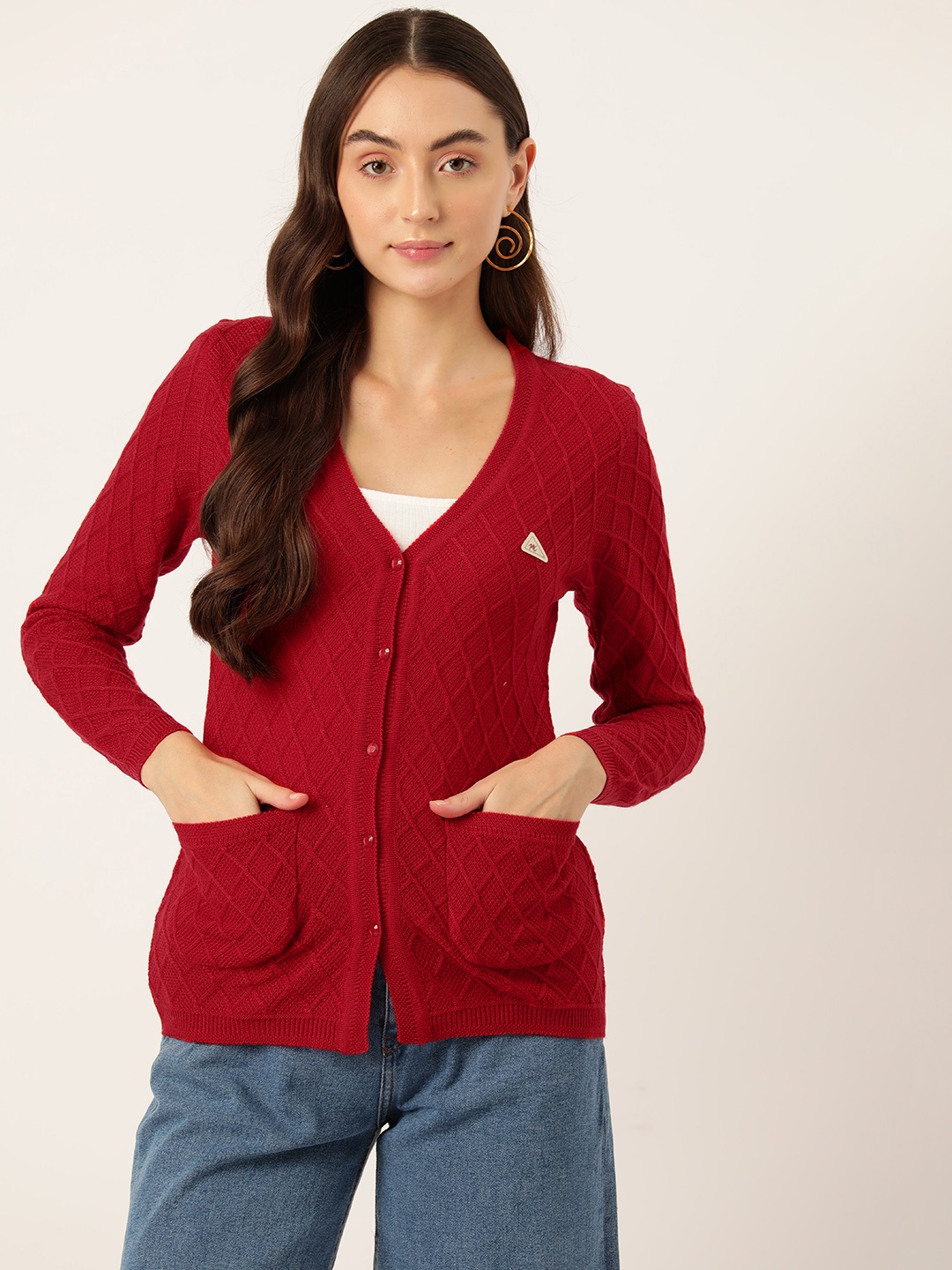 

Monte Carlo Patch Pocket Detailed Self Design Cardigan, Red