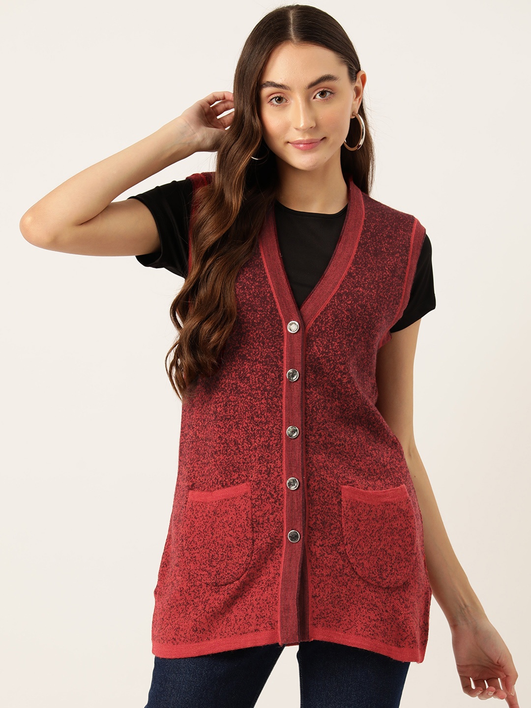 

Monte Carlo Patch Pocket Detailed Self Design Longline Cardigan, Red