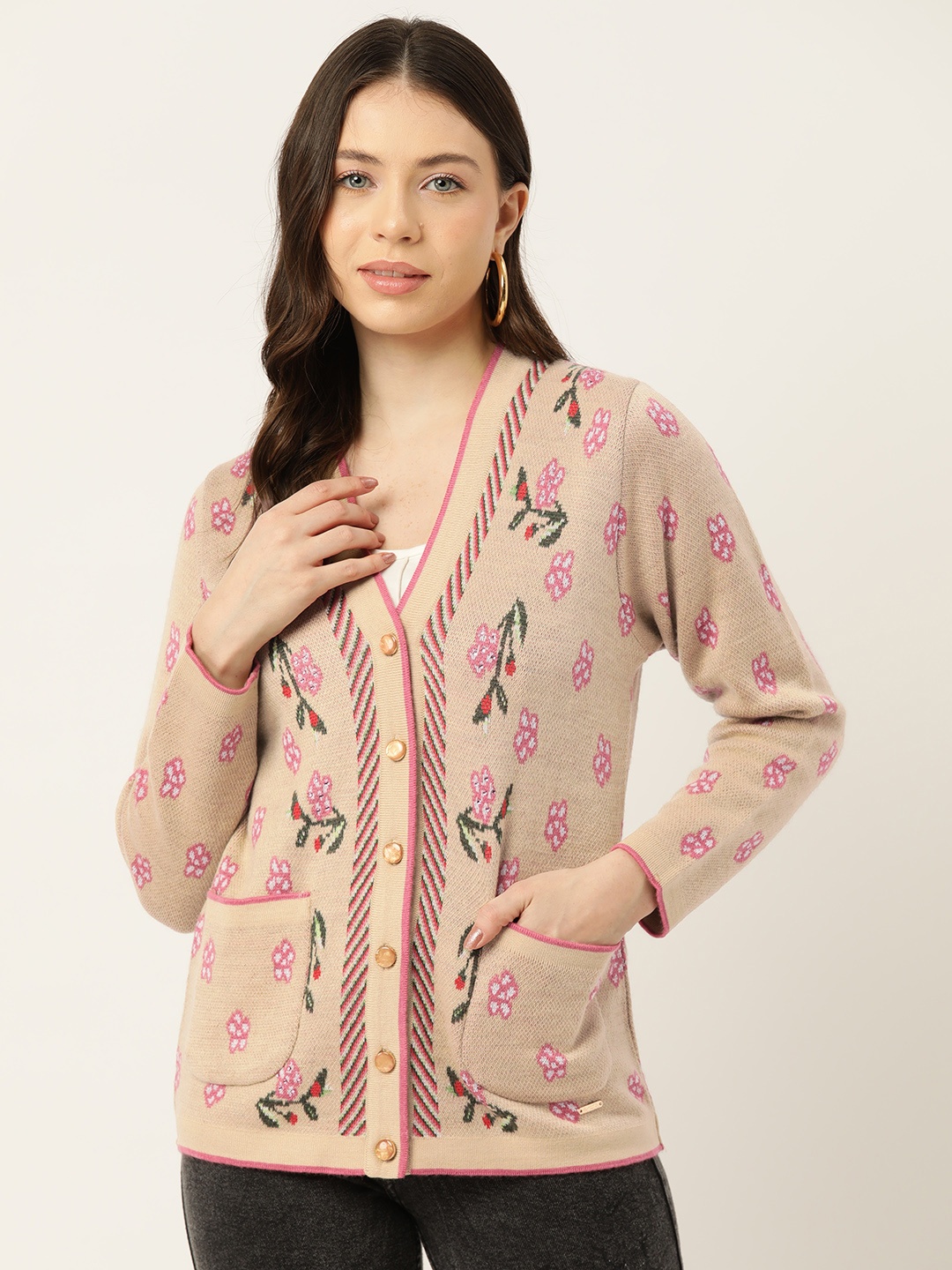

Monte Carlo Floral V-Neck Cardigan with Embellished Detail, Beige