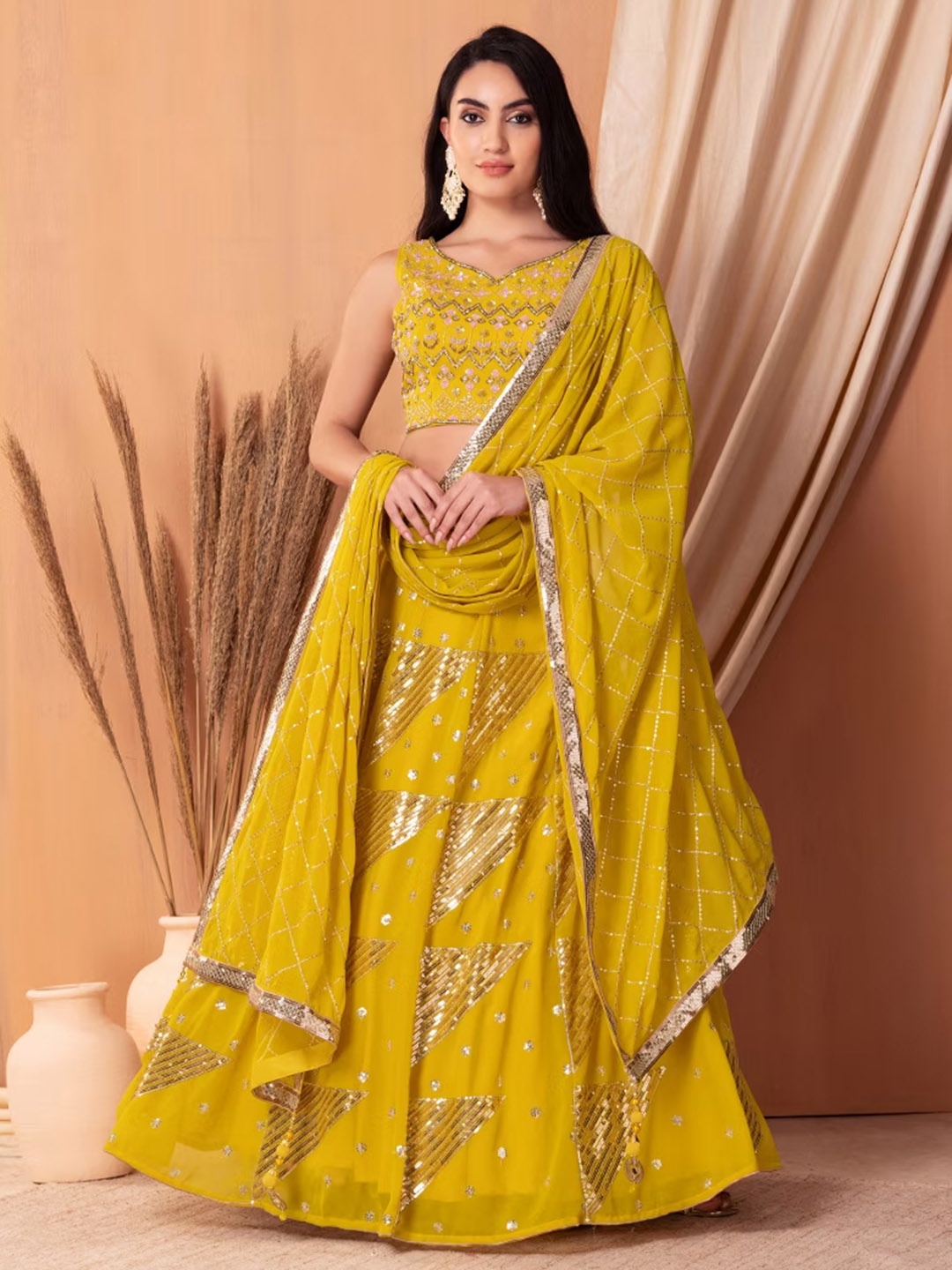 

Fusionic Embellished Sequinned Detail Ready to Wear Lehenga & Blouse With Dupatta, Yellow