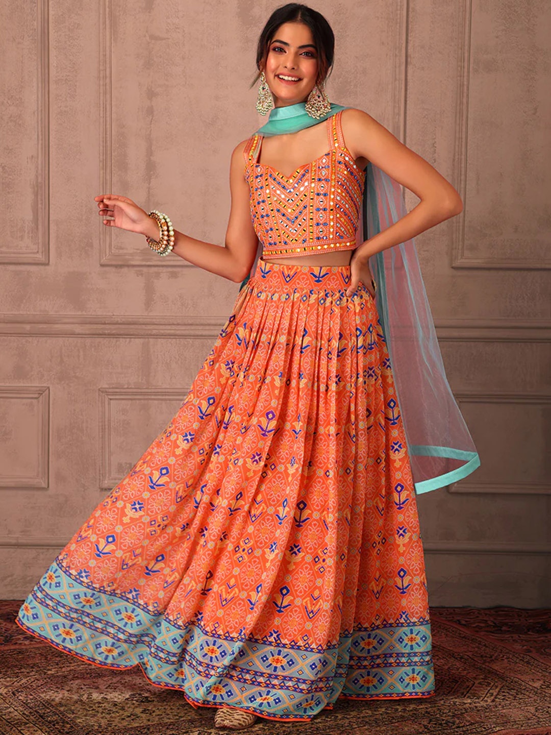 

Fusionic Printed Mirror Work Ready to Wear Lehenga & Blouse With Dupatta, Orange
