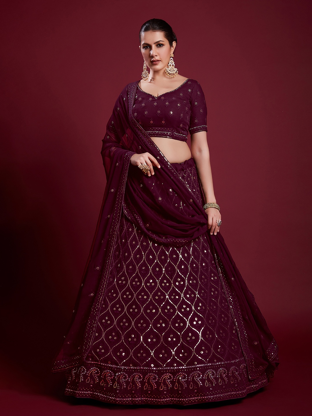 

Fusionic Embellished Sequinned Semi-Stitched Lehenga & Unstitched Blouse With Dupatta, Purple