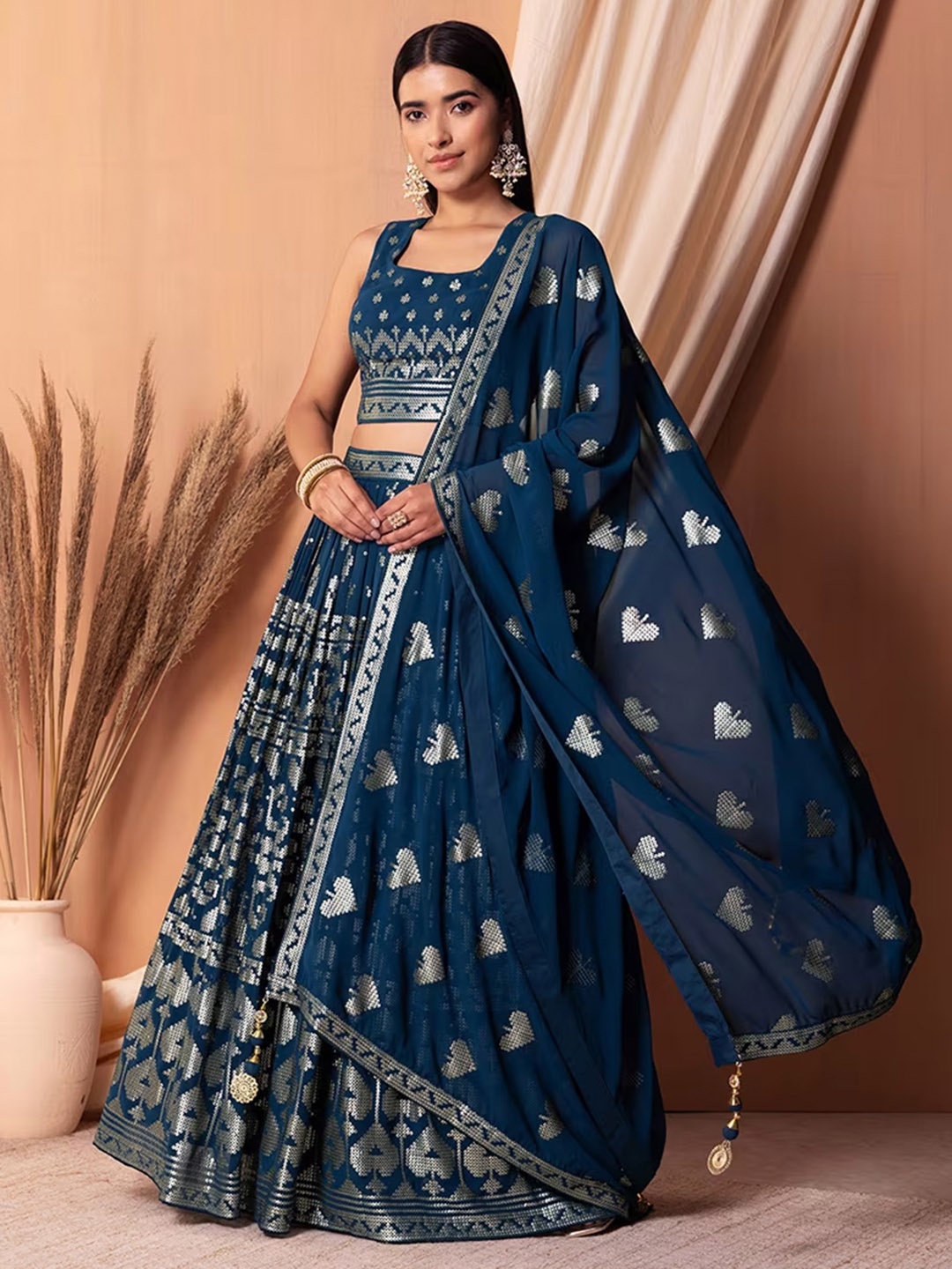 

Fusionic Embellished Sequinned Ready to Wear Lehenga & Blouse With Dupatta, Navy blue