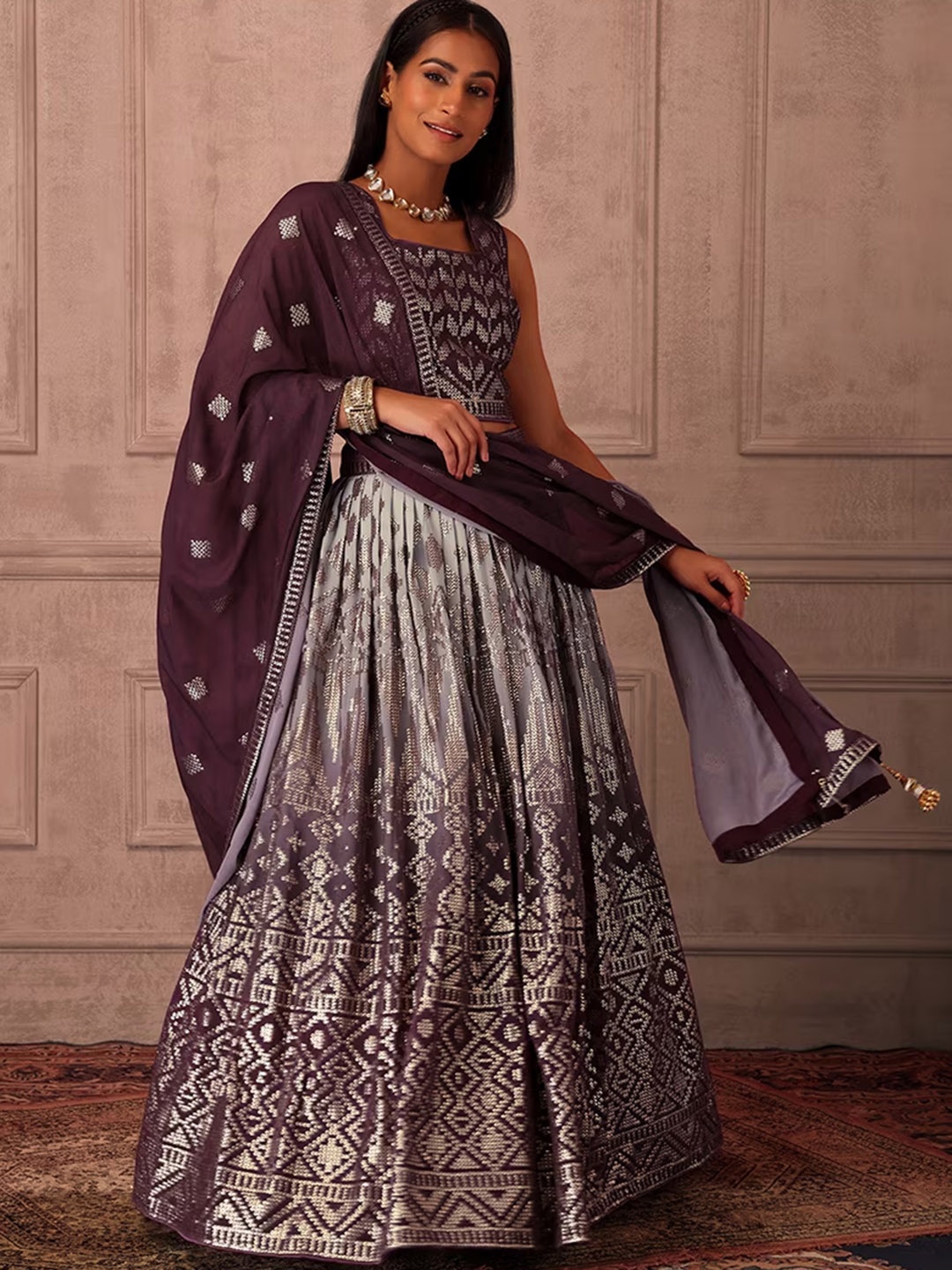 

Fusionic Embellished Sequinned Detail Ready to Wear Lehenga & Blouse With Dupatta, Purple