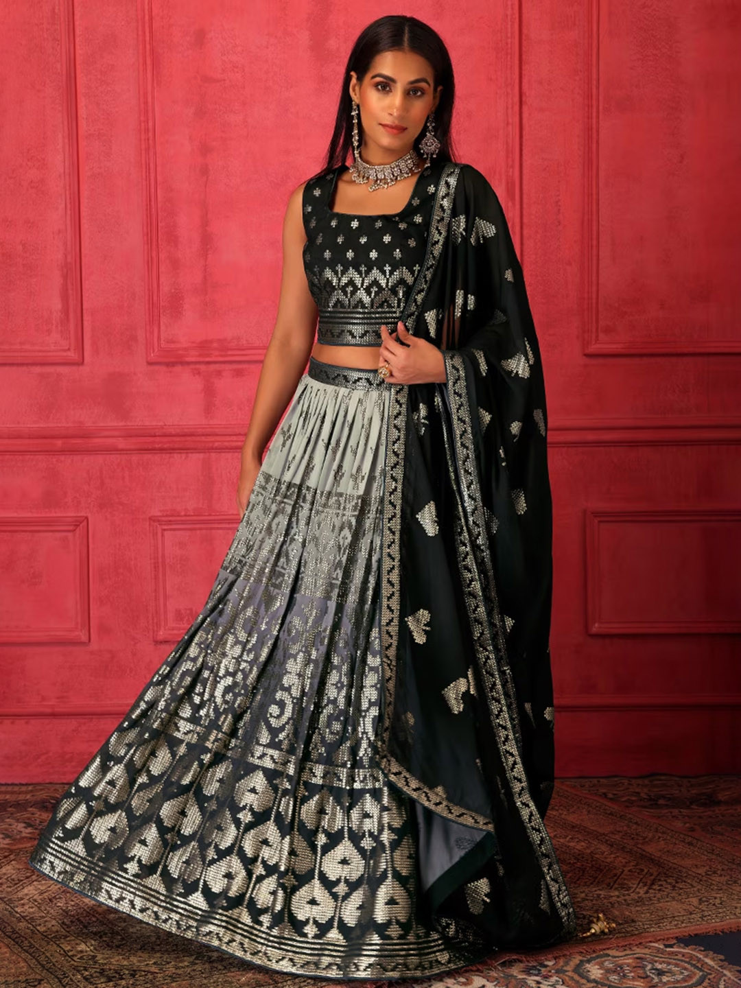 

Fusionic Embellished Sequinned Detail Ready to Wear Lehenga & Blouse With Dupatta, Black